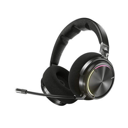 Gaming headset with black ear cups, padded headband, and detachable microphone boom