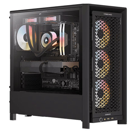 Black PC gaming case with tempered glass side panel and three RGB fans on right side