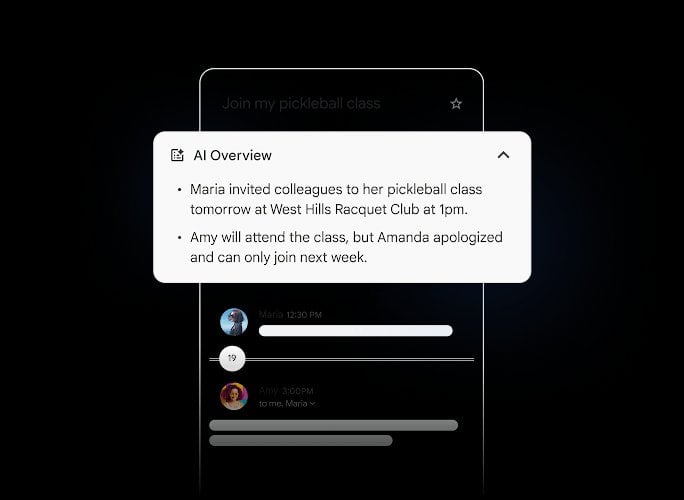 Email thread with AI Overview summarizing pickleball class invitation details and attendance status