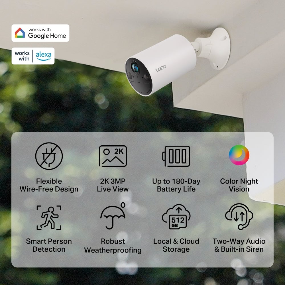 White cylindrical security camera mounted on exterior wall with feature icons below showing wire-free design, 2K resolution, 180-day battery life, color night vision, person detection, weatherproofing, local storage, and two-way audio