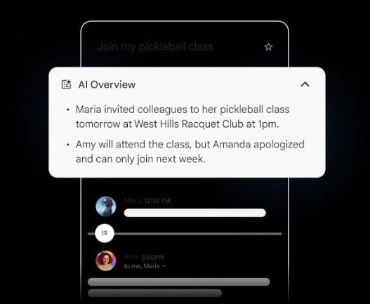 Email thread with AI Overview panel displaying summary of pickleball class invitations and replies