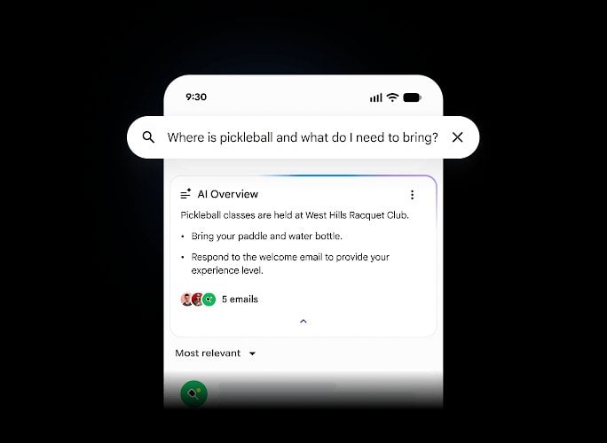 Search result showing AI Overview answering question about pickleball location and what to bring