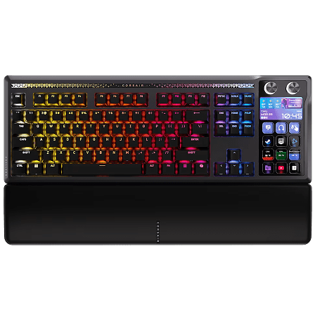 Mechanical gaming keyboard with RGB backlit keys in rainbow colors and macro pad