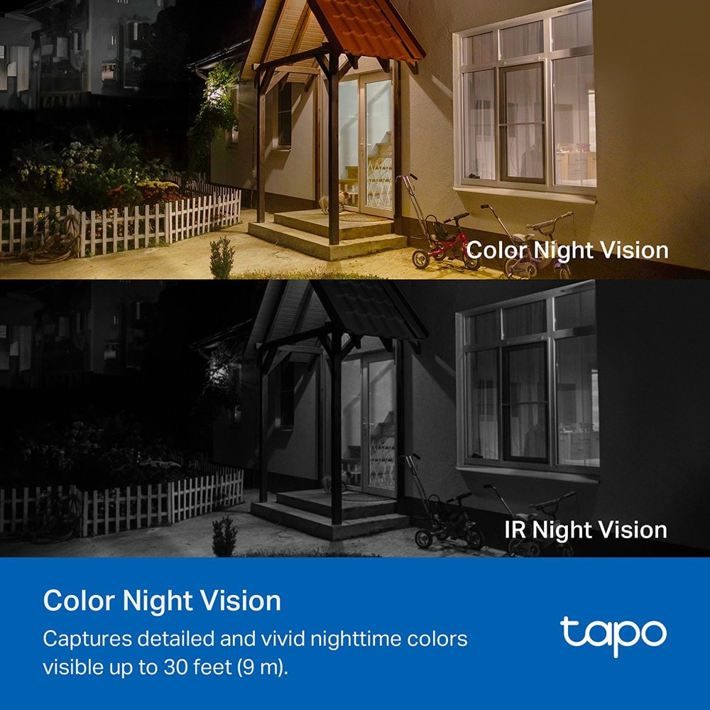 Side-by-side nighttime comparison of residential patio and entryway, top showing detailed colored scene with tricycle and door, bottom showing grayscale infrared version